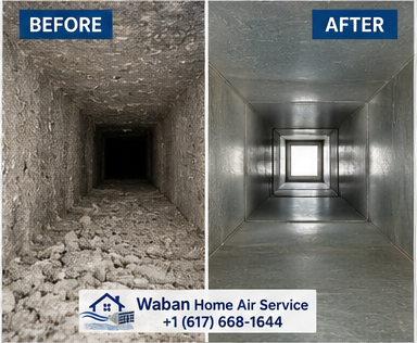 Air duct interior before and after professional cleaning by Waban Home Air Service