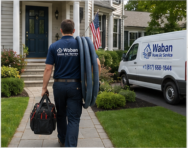 Waban Home Air Service technician arriving to help improve indoor air quality in a Newton, MA home