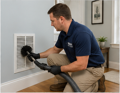 Waban Home Air Service technician inspecting a ceiling vent register before cleaning